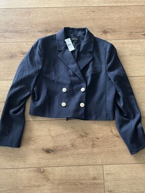 Ann Taylor Navy Cropped Double-Breasted Blazer with Gold Buttons
